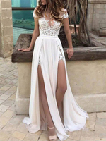 Robes de mariée Boho ivoire en chiffon col V en dentelle jupe fendue à traîne robe de mariage à la plage