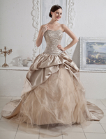 Robes de mariée Champagne bretelles robe de bal paillettes perles ruché chérie robe de mariage cou tribunal