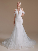 Robes de mariée col en V sans manches taille naturelle dentelle avec train robes de mariée