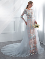 Robes de mariée colorées Robe de mariée à manches longues en dentelle bleue bébé avec train