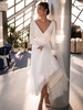 Robes de mariée courtes 2025 col en V manches longues A-ligne thé longueur robes de mariée personnalisation gratuite
