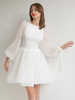 Robes de mariée courtes col bijou court manches longues taille naturelle courte robes de mariée en organza