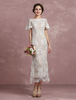 Robes de mariée dété 2021 Champagne Lace Mermaid Robe de mariée Off The Shoulder Robe courte à manches courtes Illusion Back Beach Milanoo
