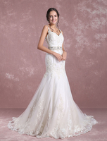 Robes de mariée dété 2021 Lace Mermaid V Neck Backless Robe de mariée Beading taille sangles spaghetti chapelle train robe de mariée