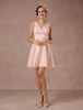 Robes de mariée dété 2021 Robe de cocktail en satin à encolure en V à manches courtes en satin avec ceinture