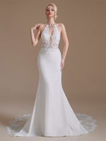 Robes de mariée de mariage col en V sans manches taille naturelle dentelle avec train robe de mariée sirène