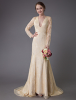 Robes de mariée dentelle robe de mariée col V manches longues dos nu sirene avec train