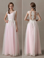 Robes de Mariée Dentelle Rose Doux Applique Tulle Summer Beach Robe De Mariée Sash Illusion Étage Longueur Robe De Mariage De Couleur