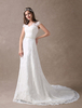 Robes de mariée en dentelle ivoire col en V mousseline de soie perles Sash Cap manches robe de mariée avec le train