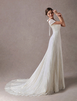 Robes de mariée en dentelle Ivoire V Neck manches courtes A Line Straps Robes de mariée avec train
