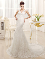 Robes de mariée en dentelle sirène col en V robe de mariée sans manches en V dos ivoire robe de mariée avec train