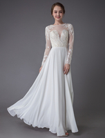 Robes de mariée en mousseline de soie col rond manche longue