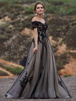 Robes de mariée fidèles noires dentelle a-ligne manches courtes taille naturelle dentelle Court Train robe de mariée