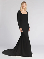 Robes de mariée fidèles noires tissu satiné sirène manches longues taille naturelle avec robe de mariée train