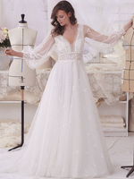 Robes de mariée longueur au sol A-ligne manches longues en dentelle col en V robes de mariée