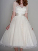 Robes de Mariée Mi-longues en Dentelles Imprimés les Pois à Col Rond avec Manches Courtes Transparentes Coupe Cintrée Bas Evasée Unicolore