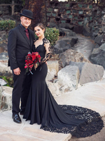Robes de mariée noires 2025 Stretch crêpe sirène manches longues en dentelle avec train robe de mariée personnalisation gratuite