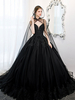 Robes de mariée noires A-ligne robe de mariée en dentelle sans manches avec train