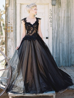 Robes de mariée noires A-ligne sans manches dos nu en dentelle de tulle avec train robe de mariée gothique