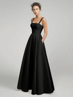 Robes de mariée noires a-ligne sans manches en tissu satiné avec robe de mariée train