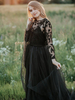 Robes de mariée noires dentelle A-ligne bijou cou manches longues dentelle longueur au sol robe de mariée noire