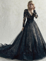 Robes de mariée noires en dentelle Robe de princesse silhouette manches longues Robe royale Robe de mariage