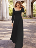 Robes de mariée noires en tissu satiné coupe trapèze manches longues taille naturelle avec traîne