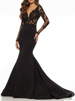 Robes de mariée noires Mermaid V cou manches longues en dentelle dentelle polyester avec robe de mariée longue
