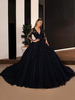 Robes de mariée noires Polyester A-ligne manches longues Dentelle taille naturelle avec train Robe de mariée