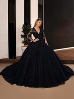 Robes de mariée noires Polyester A-ligne manches longues Dentelle taille naturelle avec train Robe de mariée