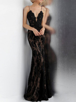Robes de mariée noires sirène col en V sans manches dos nu dentelle polyester avec train robe de mariée