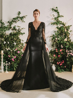 Robes de mariée noires sirène manches longues fermeture éclair dentelle robe de mariée longueur au sol