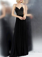Robes de mariée noires une ligne col en V sans manches dos nu taille naturelle dentelle polyester avec train robe de mariée