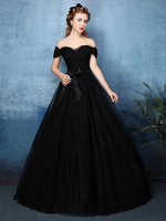 Robes De Mariée Noires Une Ligne Sans Manches Dos Nu Bows Tulle Longueur De Plancher Robe De Mariée