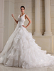Robes de mariée organza Ruffles col en V robe de mariée Dropped taille perles plissée chapelle train robe de mariée