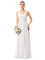 Robes de mariée plage dentelle mousseline de soie col en V sans manches étage longueur robe de mariée dété