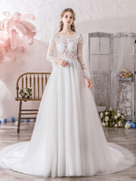 Robes de mariée plumes manches longues bijou col robes de mariée avec train cathédrale