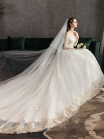 Robes de mariée princesse dentelle ivoire robe de mariée avec manche épaule dénudée avec traîne
