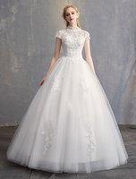 Robes de mariée princesse robe de bal ivoire dentelle fleurs col montant tulle étage longueur robe de mariée