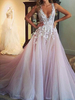 Robes de Mariée Profondes Col En V Sans Manches Tulle Longueur Etage Robes De Mariée En Dentelle