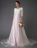 Robes de mariée rose manches demi-cou v plisse une ligne robe de mariée avec train