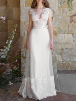Robes de mariée simples 2021 Dentelle V Cou sans manche Longueur de plancher Robe de mariée traditionnelle de plage