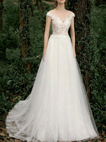 Robes de mariée simples A Line V Neck manches courtes perles étage longueur Tulle robes de mariée