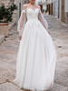 Robes de mariée simples Une ligne Illusion Cou Manches longues Dentelle Bateau Cou Robes De Mariée Avec Train De Cour