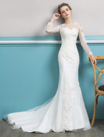 Robes de mariée sirène à manches longues en dentelle Ivoire Illusion Train Robes de mariée