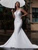 Robes de Mariée Sirène à Traîne Moulantes à Col Rond sans Manches Dos Transparents Coupe Cintrée Creausants les Fleurs Unicolore