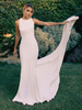 Robes de mariée sirène blanche col rond sans manche dos nu à traîne décoré des boutons