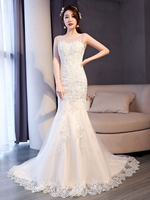 Robes de mariée sirène dentelle ivoire perles robe de mariée sans manches avec le train