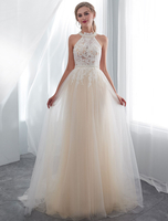 Robes de mariée sur la plage Halter Champagne Dentelle Tulle Perles Fleurs Robe De Mariée Avec Train