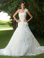 Robes de mariée une épaule robe de mariée fleurs plissées côté drapé de dentelle organza sequin perlé robe de mariée de train